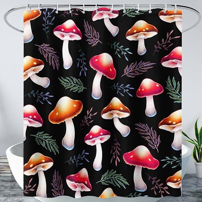 AILONEN Cartoon Mushroom Shower Curtain,Cute Red Mushroom Waterproof Fabric Bath Curtain for Kids Girls Boys,Natural Fungal Plants Shower Curtain Set for Bathroom 36" W*72" H