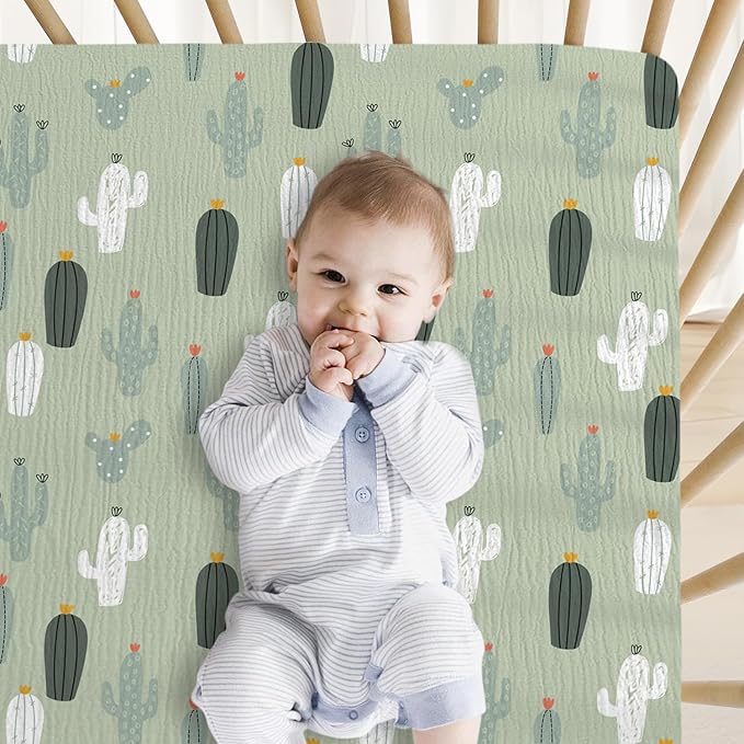 Muslin Crib Sheets, 2pk Neutral Fitted Baby Toddler Bed Sheets for Standard Crib Mattress & Toddler Bed Mattress, 28 x 52 inches, Blossom Cactus