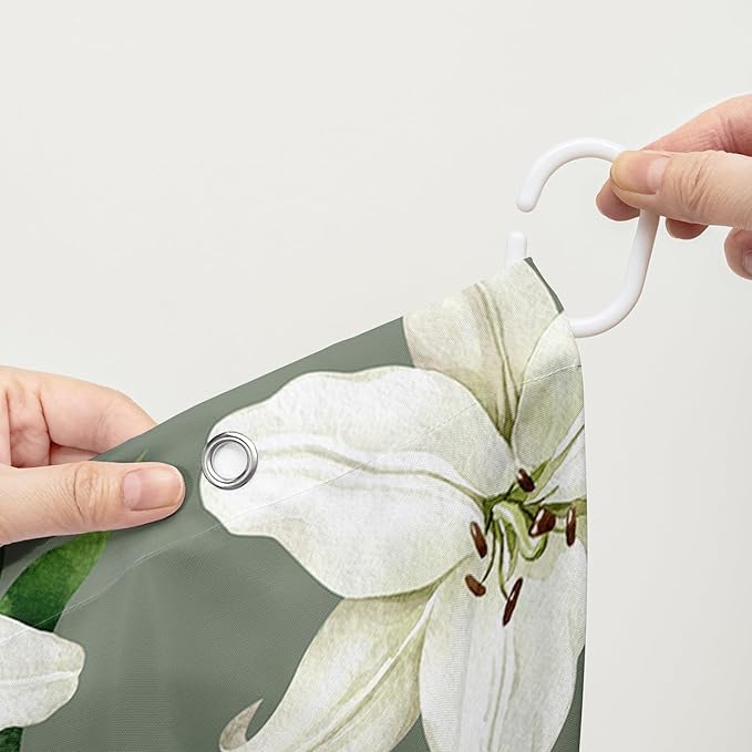 AILONEN Flower Shower Curtain, Vintage Garden Lilies Theme Waterproof Fabric Shower Curtain Set,Green Spring Flowers Bathroom Decor for Teen Girls Women,72" W*84" H