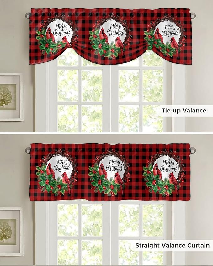 Merry Christmas Blackout Tie Up Valance Curtains for Kitchen Windows Winter Cardinal Holly Berries Window Toppers Balloon Shades for Living Room/Bathroom/Bedroom,1 Panel,42" X 12" Red Black Plaid