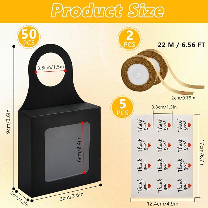 50 Pcs Wine Bottle Box with Window,Hanging Foldable Wine Boxes for Gifts, Kraft Paper Empty Bottle Hanger Box with Thank You Stickers and Champagne Ribbon for Candy Chocolate Cookies(Black)