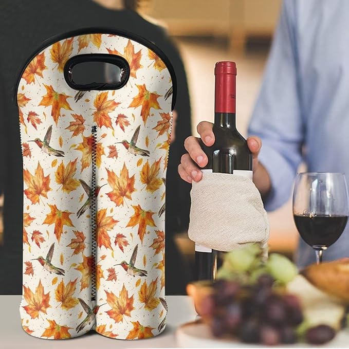 doginthehole 2 Bottle Wine Carrier Tote Fall Maple Leaves Hummingbirds Print Wine Bag 750ML Portable Neoprene Wine Bottle Travel Protector Champagne Bag with Handle for Picnic, Thanksgiving Party