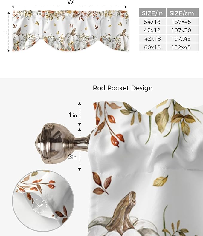 Fall Floral Leaves Blackout Tie Up Valance Curtains for Kitchen Windows Thanksgiving Pumpkins Window Toppers Balloon Shades for Living Room/Bathroom/Bedroom,1 Panel,42" X 12" Boho