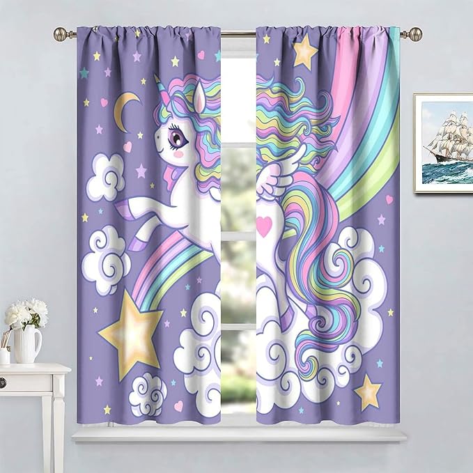 Kids Unicorn Curtains Purple Cartoon Rainbow Cartoon Room Blackout Curtains Boys Girls Baby Room Decor Curtains Living Room Decor 42x45 Inch 2 Panels