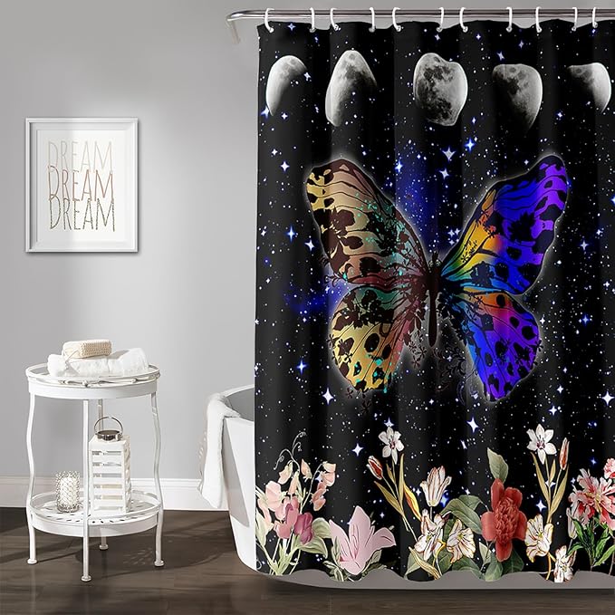 AILONEN Colorful Moth Shower Curtain,Sun and Moon Shower Curtain Set for Kids Girls Boys,Boho Natural Flowers Bath Curtain,Starry Night Bathroom Decor Shower Curtain with 12 Hooks,72" W*78" H