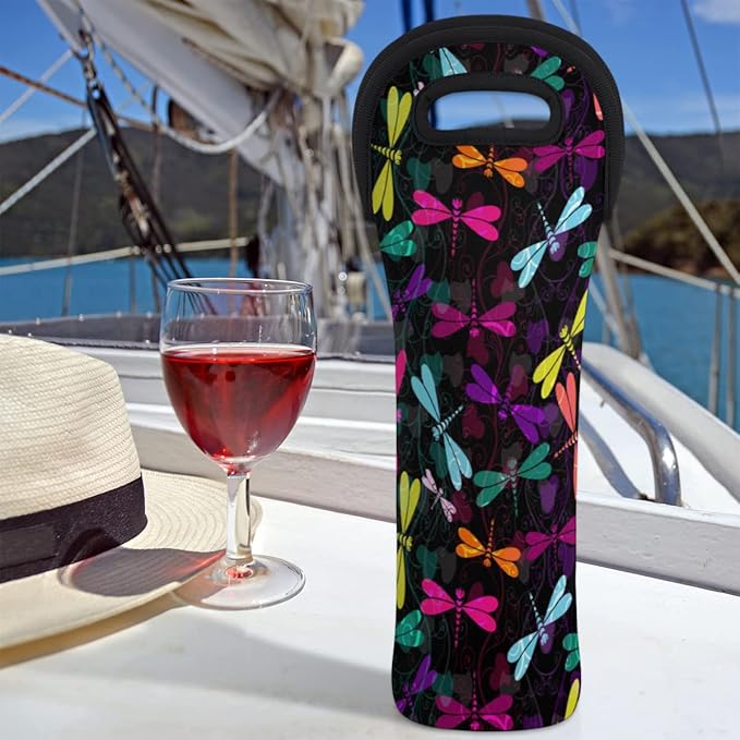 Dragonfly Ornaments Wine Gift Tote Carrier Black Purple Neoprene Wine Tote Bags Holder Cooler Wine Lover Gift