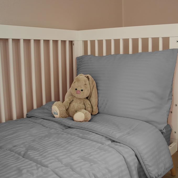 Toddler Bedding Set - 4 Piece Soft Crib Bedding Set for Boys, Includes Toddler Comforter, Flat Sheet, Fitted Sheet and Pillowcase, Grey Stripe