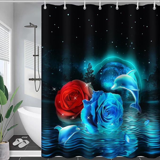 AILONEN Blue and Red Rose Shower Curtain,Cute Dolphin Shower Curtain for Bathroom Decor,72" W*72" H Polyester Waterproof Evening Starry Moon Flower Bath Curtain with 12 Hooks