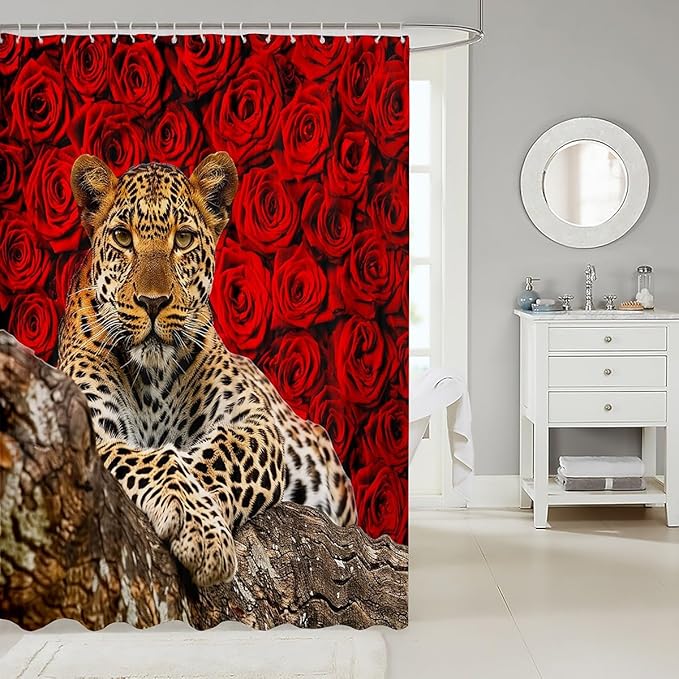 Feelyou Kids Leopard Bathroom Shower Curtain Set Leopard Shower Curtain Flower Leopard Bath Curtain for Kids Boys Girls Wild Leopard Kids Bathroom AccessoriesWild Animal 72"x84"