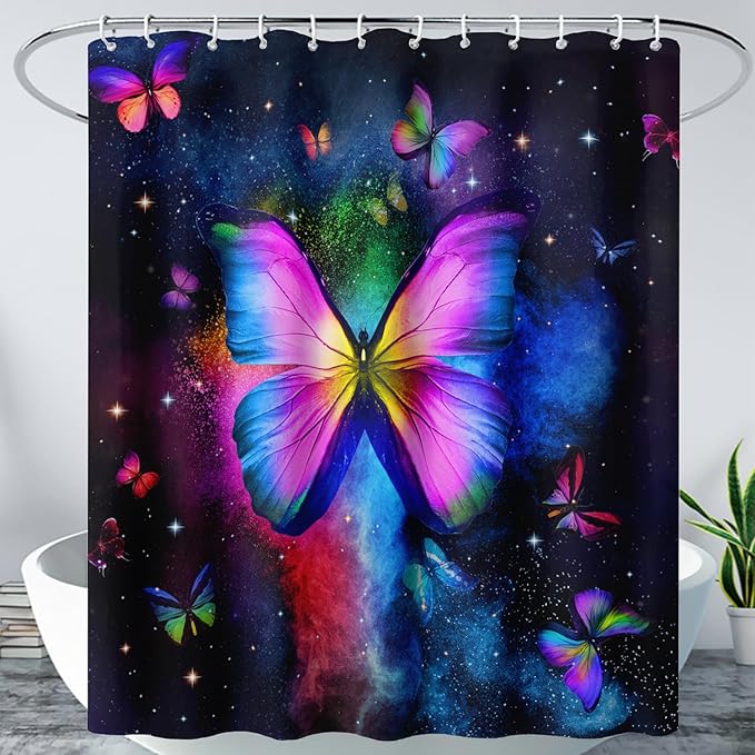 AILONEN Butterfly Shower Curtain Bathroom 60" W*72" H Sparkly Colourful Butterfly Curtain Cloth Fabric Bathroom for Girls Kids,Deep Color Shower Curtain Set