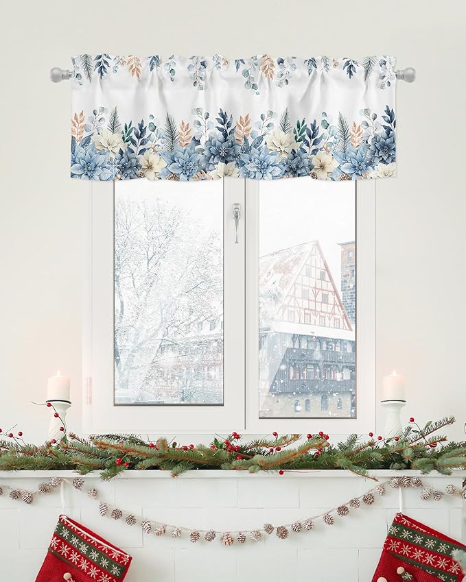 Blue Christmas Poinsettia Valance Curtains for Kitchen Windows Winter Eucalyptus Leaves Rod Pocket Window Treatment Toppers for Kitchen/Living Room/Bedroom/Bathroom, 42" X 18",
