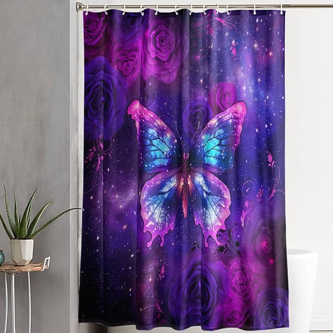 AILONEN Butterfly Shower Curtain Bathroom 72" W*72" H Sparkly Purple Butterfly and Rose Curtain Cloth Fabric Bathroom for Girls Kids,Deep Purple Shower Curtain Set