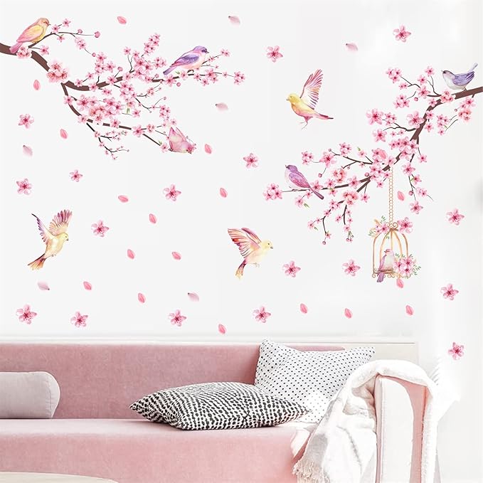 Cherry Blossom Wall Decal Peel and Stick Wall Art Decals Pink Flower Wall Decals Tree Branch Birds Wall Stickers Spring Cherry Flowers Wall Decals for Living Room Bedroom Kitchen Nursery Window Decor