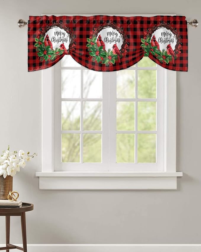 Merry Christmas Blackout Tie Up Valance Curtains for Kitchen Windows Winter Cardinal Holly Berries Window Toppers Balloon Shades for Living Room/Bathroom/Bedroom,1 Panel,42" X 18" Red Black Plaid