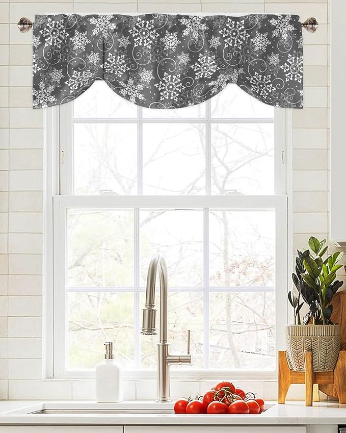 Christmas Blackout Tie Up Valance Curtains for Kitchen Windows Grey White Snowflakes Pattern Window Toppers Balloon Shades for Living Room/Bathroom/Bedroom,1 Panel, 54" X 18", Winter