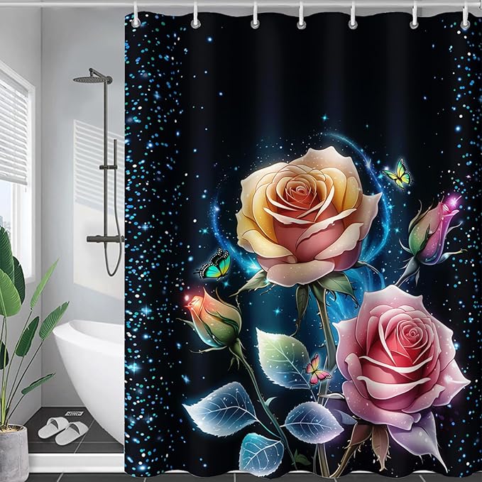 AILONEN Pink Rose Shower Curtain,Galaxy Butterfly Rose Flower Curtain for Kids Girls Women,Modern Romantic Curtain,Print Polyester Waterproof with 12 Plastic Hooks, 36" W*72" H