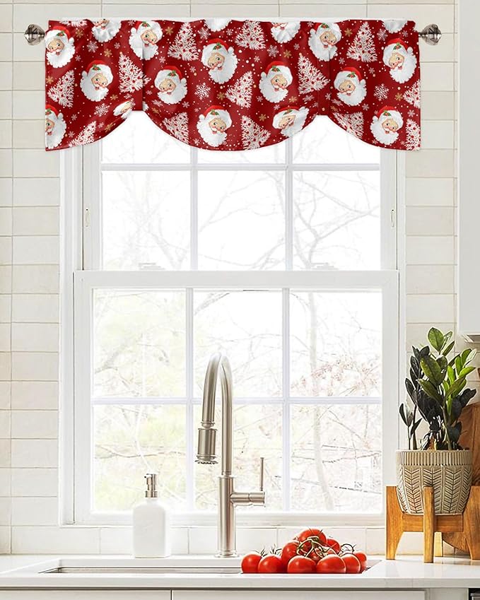 Red Christmas Blackout Tie Up Valance Curtains for Kitchen Windows Santa Claus Merry Christmas Tree Window Toppers Balloon Shades for Living Room/Bathroom/Bedroom,1 Panel, 54" X 18", Winter Snowflake