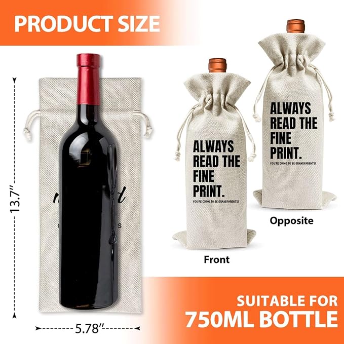 Grandparents Gifts Wine Bag,Baby Announcement Wine Gift Bags Gift For New Grandpa Grandma Grandparents Aunt Uncle, Baby Announcement Cotton Burlap Wine Bag