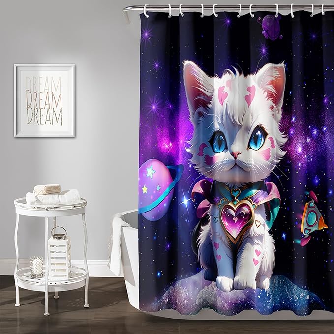 AILONEN Cartoon Cat Shower Curtain Set for Kids Boys Girls, Kawaii Love Kitten Shower Curtain for Bathroom,Galaxy Planet Washable Fabric Shower Curtain with Hooks,36" W*72" H