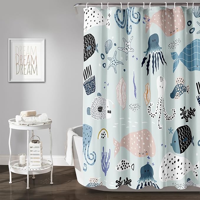 AILONEN Cartoon Ocean Life Shower Curtain for Kids 36" W*72" H Inch,Kawaii Fish Whales Octopuses Pattern Shower Curtain,Ocean Life Theme 12 Pack Hooks Polyester Waterproof Fabric Decor for Bathroom