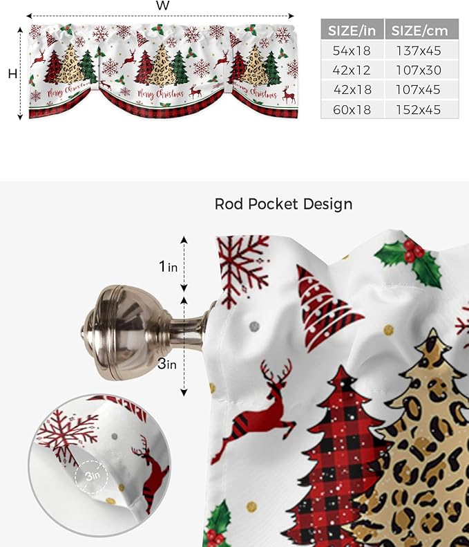 Merry Christmas Blackout Tie Up Valance Curtains for Kitchen Windows Farm Christmas Tree Buffalo Plaid Leopard Window Toppers Balloon Shades for Living Room/Bathroom/Bedroom,42" X 18" Holiday Decor