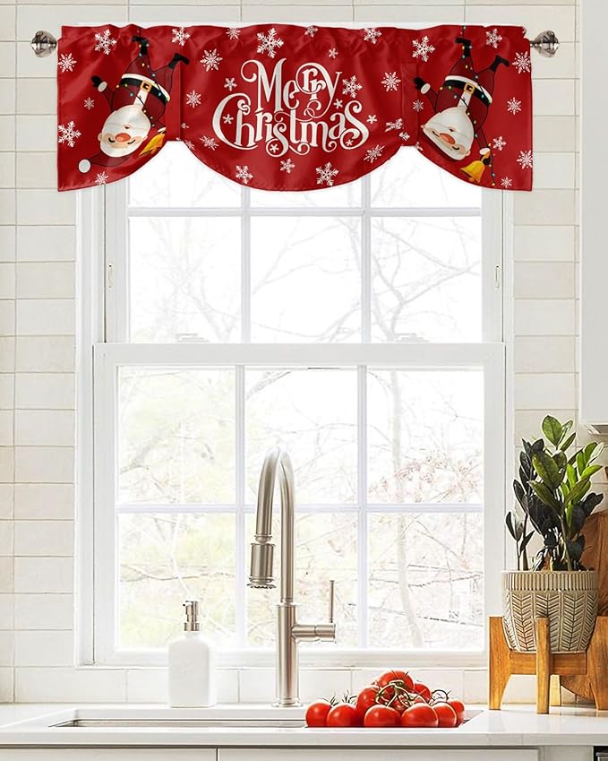 Red Merry Christmas Blackout Tie Up Valance Curtains for Kitchen Windows Funny Hanging Santa Window Toppers Balloon Shades for Living Room/Bathroom/Bedroom,1 Panel, 60" X 18", Snow Winter Holiday
