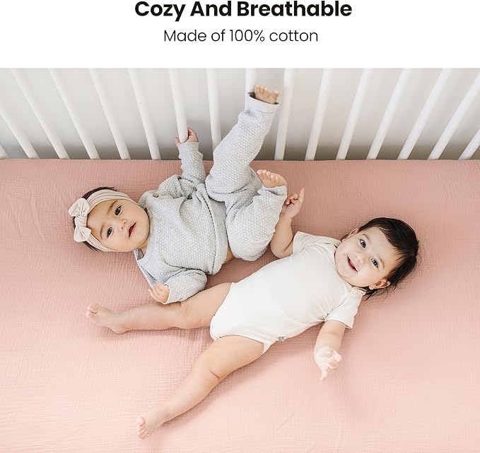 Konssy Muslin Fitted Crib Sheets 100% Cotton Baby Crib Sheets for Standard Crib Mattress (28 X 52 Inches), Soft and Breathable for Boys, Girls (Blush Pink)