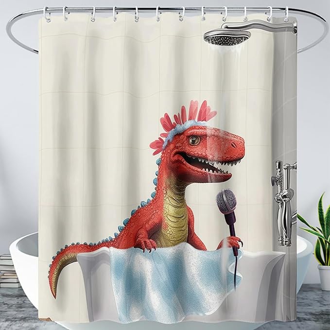 AILONEN Cartoon Dinosaur Shower Curtain for Kids Boys,Funny Singing Dinosaur Waterproof Fabric Shower Curtain for Bathroom,Lovely Red Dinosaur Shower Curtain Set with Hooks,60" W*72" H