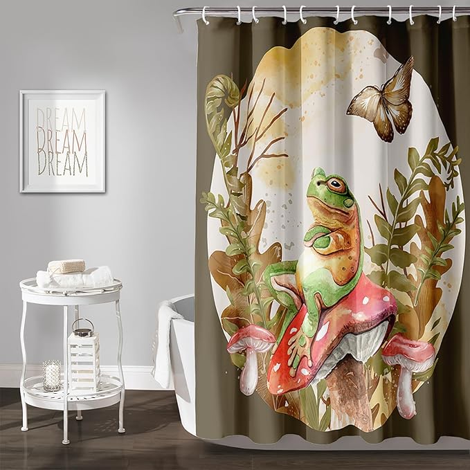 AILONEN Green Frog Mushroom Shower Curtain,Red Mushroom Waterproof Fabric Bath Curtain for Kids Girls Boys,Boho Aesthetic Minimalist Shower Curtain Set for Bathroom with Hooks,72" W*84" H