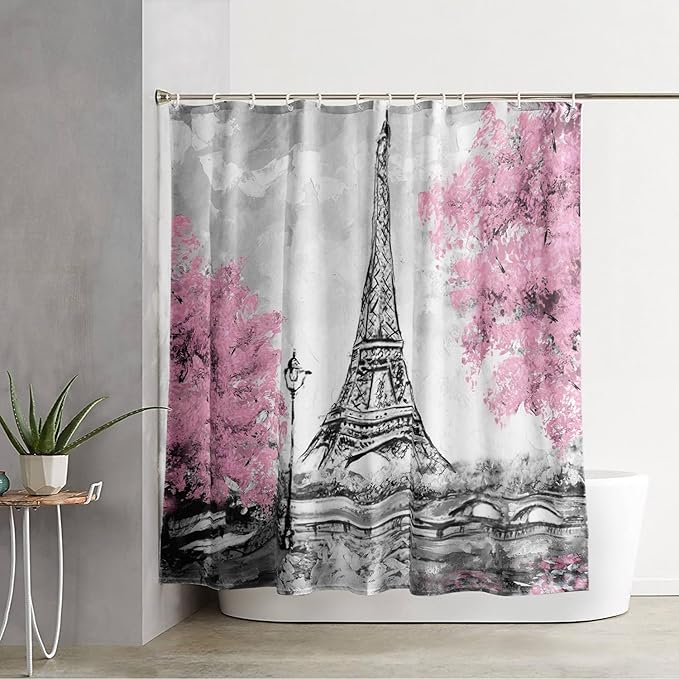 AILONEN Paris Tower Shower Curtain,Retro Gray Tower Waterproof Shower Curtain Set for Boys Kids Teens, 60" W*72" H Cherry Tree Eiffel Tower Pen Drawing Style Shower Curtains