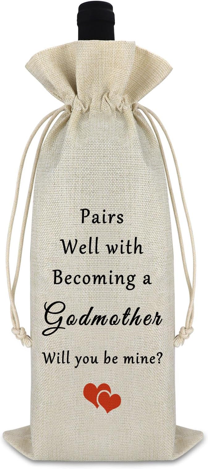 Mother’s Day Gift Godmother Gift from Godchild Godmother Wine Bag Pregnancy Announcement Gift for Friends Birthday Christmas Gift for Aunt Godmother Drawstring Burlap Wine Bottle Bag Thanksgiving Gift