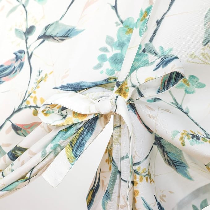 Leeva Tie Up Windows Curtains for Kitchen, Green Vivid Birds Printed Pattern Thermal Insulated Shades Curtain for Small Windows, 42x63 in, One Panel