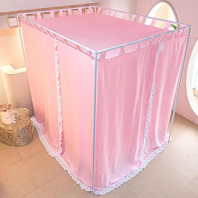 AIKASY Peach Pink Canopy Bed Curtains with Top Ties and Tie Backs for Bedroom Decoration - King Size Bed Curtains with Windproof and Lightproof Features