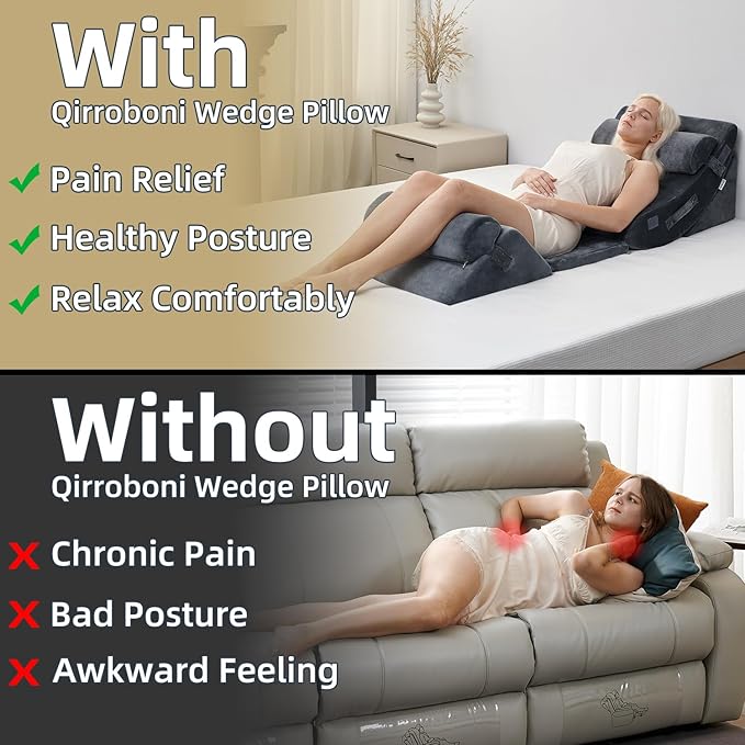 Qirroboni 6PCS Orthopedic Bed Wedge Pillow Set, Adjustable Pillows for Neck Back and Leg Pain Relief Comfortable & Post Surgery Foam- Heartburn Anti Snoring Acid Reflux & GERD Sleeping Charcoal Grey