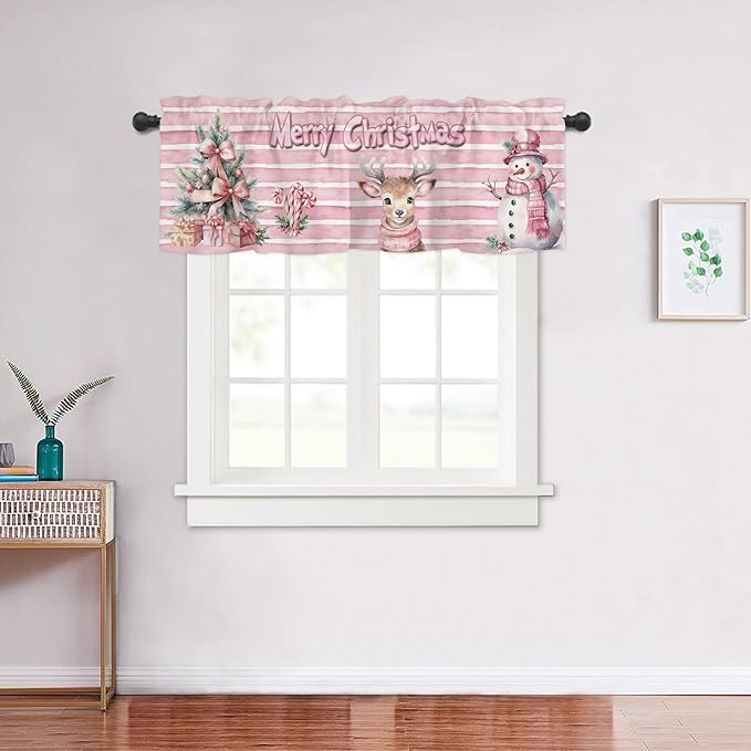 Pink Striped Window Valance for Bedroom Living Room, Pink Themed Christmas Window Curtain for Kitchen Bathroom, Cute Snowman and Reindeer Window Valance Rod Pocket Window Treatment, 54" W x 18" L
