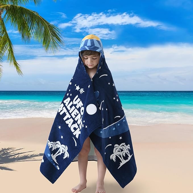 VOOVA & MOVAS Toddler Bath Towel with Hood for Kids Age 3-10, Soft | Thick | Absorbent Cotton Wrap Blanket, Beach, Pool, Swim | Bath Use, Dinosaur Under The UFO