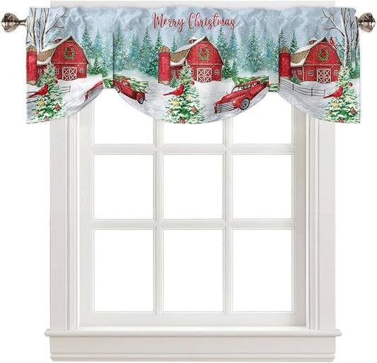 Red Truck Christmas Blackout Tie Up Valance Curtains for Kitchen Windows Merry Christmas Farmhouse Window Toppers Balloon Shades for Living Room/Bathroom/Bedroom,1 Panel, 54" X 18", Winter Xmas Tree