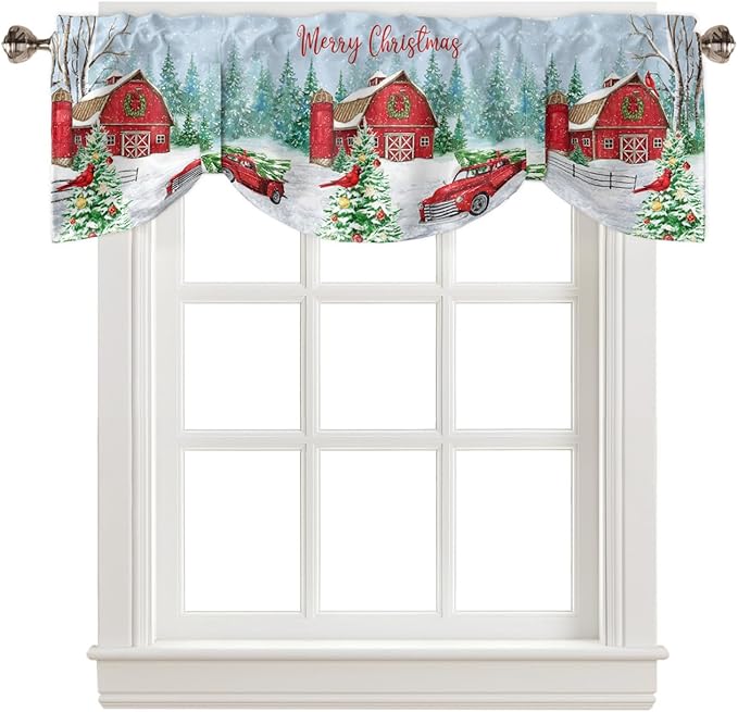 Red Truck Christmas Blackout Tie Up Valance Curtains for Kitchen Windows Merry Christmas Farmhouse Window Toppers Balloon Shades for Living Room/Bathroom/Bedroom,1 Panel, 42" X 12", Winter Xmas Tree