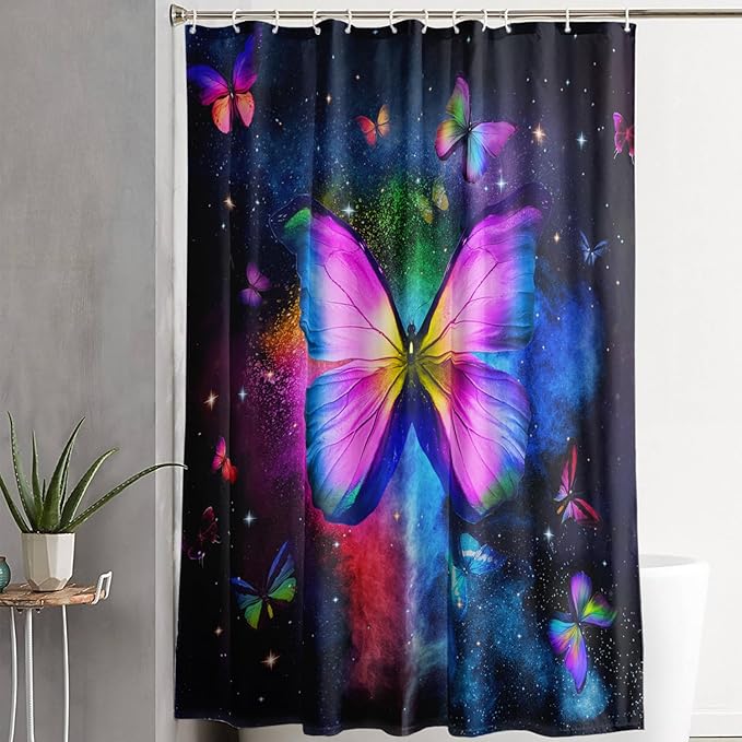 AILONEN Butterfly Shower Curtain Bathroom 48" W*72" H Sparkly Colourful Butterfly Curtain Cloth Fabric Bathroom for Girls Kids,Deep Color Shower Curtain Set