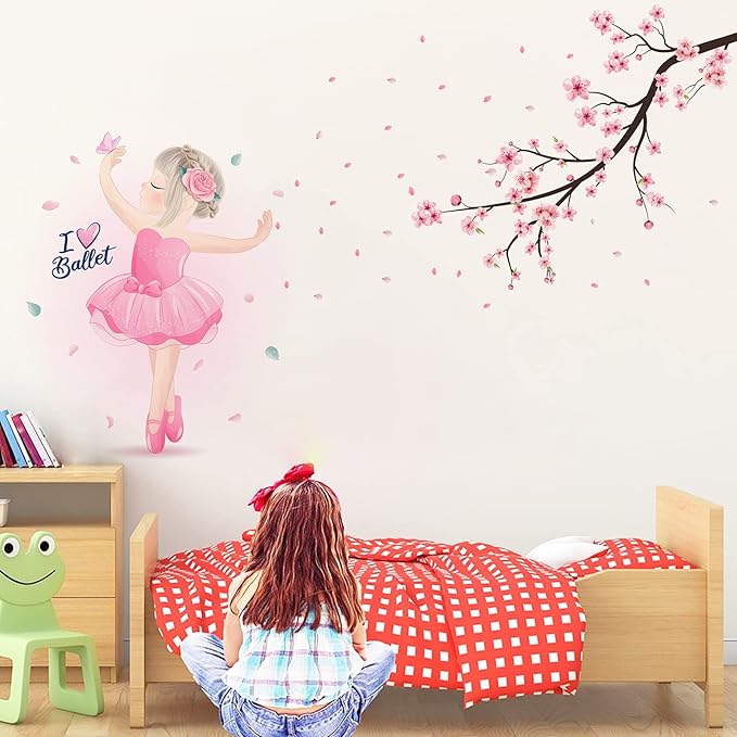 Pink Cherry Blossom Wall Decals, Dancing Ballet Girl Wall Stickers, Flower and Tree Branch Wall Decor, Removable Vinyl Wall Decor Mural Art for Baby Nursery Bedroom & Living Room Sofa TV Backdrop Decoration