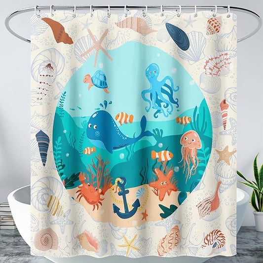 AILONEN Cartoon Dolphin Shower Curtain for Kids Boys Girls,Cute Sea Animals Waterproof Fabric Shower Curtain for Bathroom,Ocean Shell Theme Shower Curtain Set with Hooks,72" W*78" H