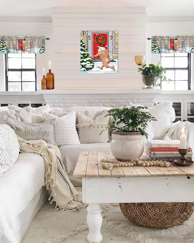 Christmas Farmhouse Kitchen Curtains Valances for Windows Funny Santa Claus Rod Pocket Window Treatment for Kitchen/Living Room/Bedroom/Bathroom,60" X 18" -1 Panel, Holly Xmas Tree