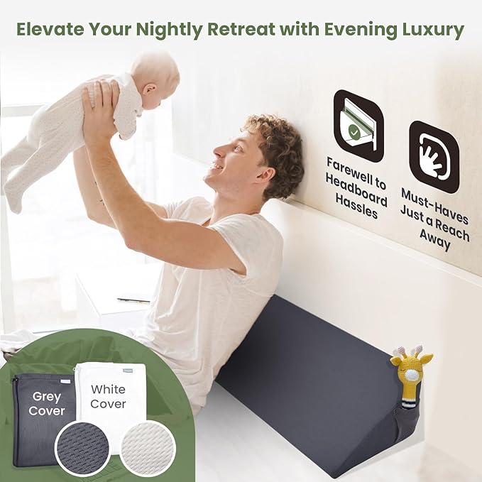 Wedge Pillow Headboard, Ultimate Comfort Bed Wedge Pillow for Headboard, Relaxation Bed Gap Filler for Twin, Foam Pillow Wedge for Headboard Gap, Overall Bed Gap Filler. 2 Covers.