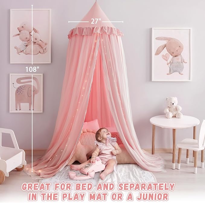 Bed Canopy Drapes, Double Layer Canopies Netting Tent for Bed, Princess Fairy Bed Canopy with String Lights for Girls, Adults, Canopy Bed Curtains Mosquito Net, Pink, 27''x108''