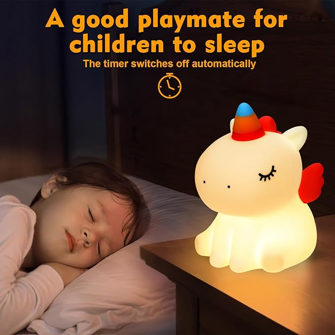 Unicorn Night Light for Kids, 3 Level Dimmable Cute Night Lamp for Girls, Led Rechargeable Squishy Silicone Small Nightlight Decor Gifts for Baby Nursery Toddler Bedroom