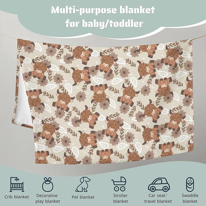 Boho Highland Cow Paisley Floral Baby Blanket Girls Gift, Beige Western Cowgirl Flower Flannel Fleece Nursery Bed Blankets, Soft Lightweight Newborn Infant Toddler Kids Crib Bedding 50 x 60