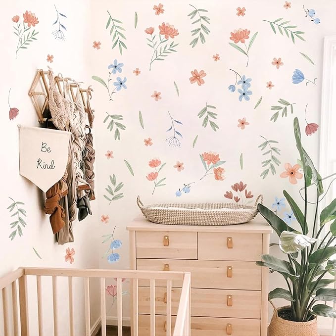 Boho Floral Wall Decals Small Flower Leaf Wall Stickers Watercolor Wildflower Botanical Plant Leaves Wall Stickers Removable Boho Flower Wall Decals for Nursery Kids Room Girls Bedroom Decor
