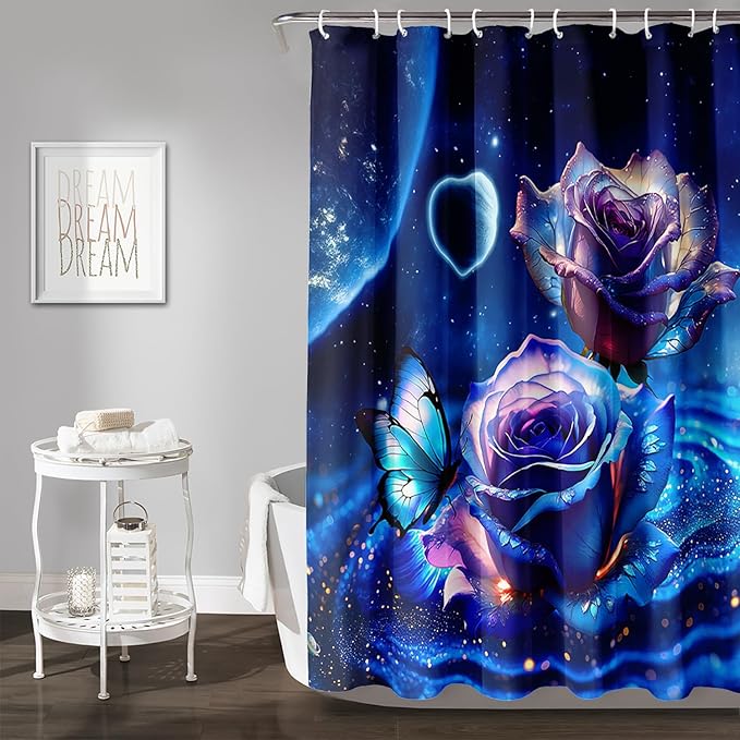 AILONEN Blue Rose Shower Curtain,Romantic Flower Bath Curtain for Girls Women,Blue Galaxy Starry Rose Floral Curtain for Bathroom Decor 48" W*72" H,Waterproof with 12 Plastic Hooks