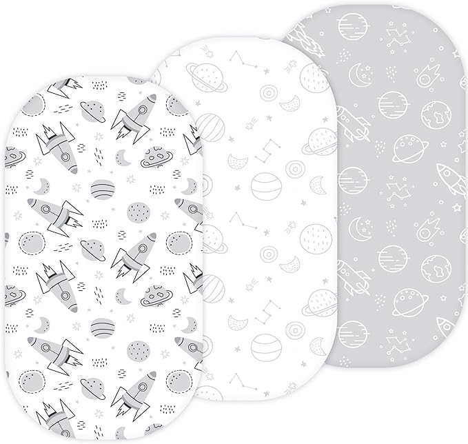 Bassinet Sheets for Dream On Me Karley, Plus, Lacy, Small Regalo Basics, Baby Delight Slumber, Snuggle Nest, Graco Carry Cot, 3 Pack, 16 x 32, Ultra Soft, Unisex Boys Girls, Gray (Space Rockets)