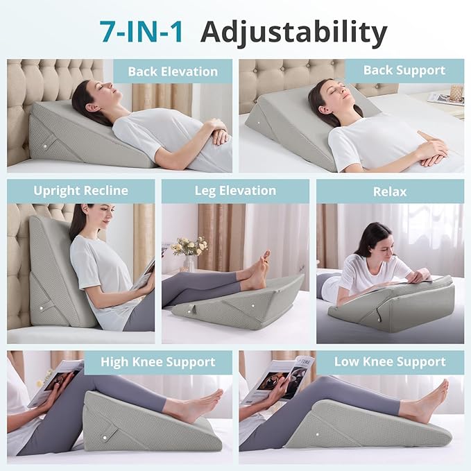 Sasttie Wedge Pillow for Sleep Apnea, 10 Inch Adjustable Bed Wedge Pillow for Back Pain, Acid Reflux Relief, Memory Foam Triangle Pillow Wedge for Sleeping, Post Surgery, Knee Elevation, Light Grey